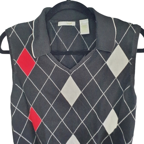 LIZ GOLF Elegant Shirt Vest Collar V Neck Black/Red/White Women's Size L - Picture 2 of 8